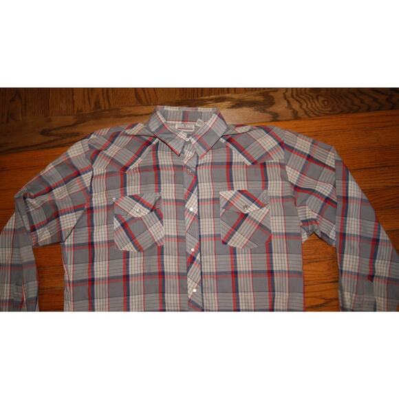 Vintage 80s FAVORITES Mens L Gray Blue Red Plaid Pearl Snap Western LS Shirt - Picture 1 of 10